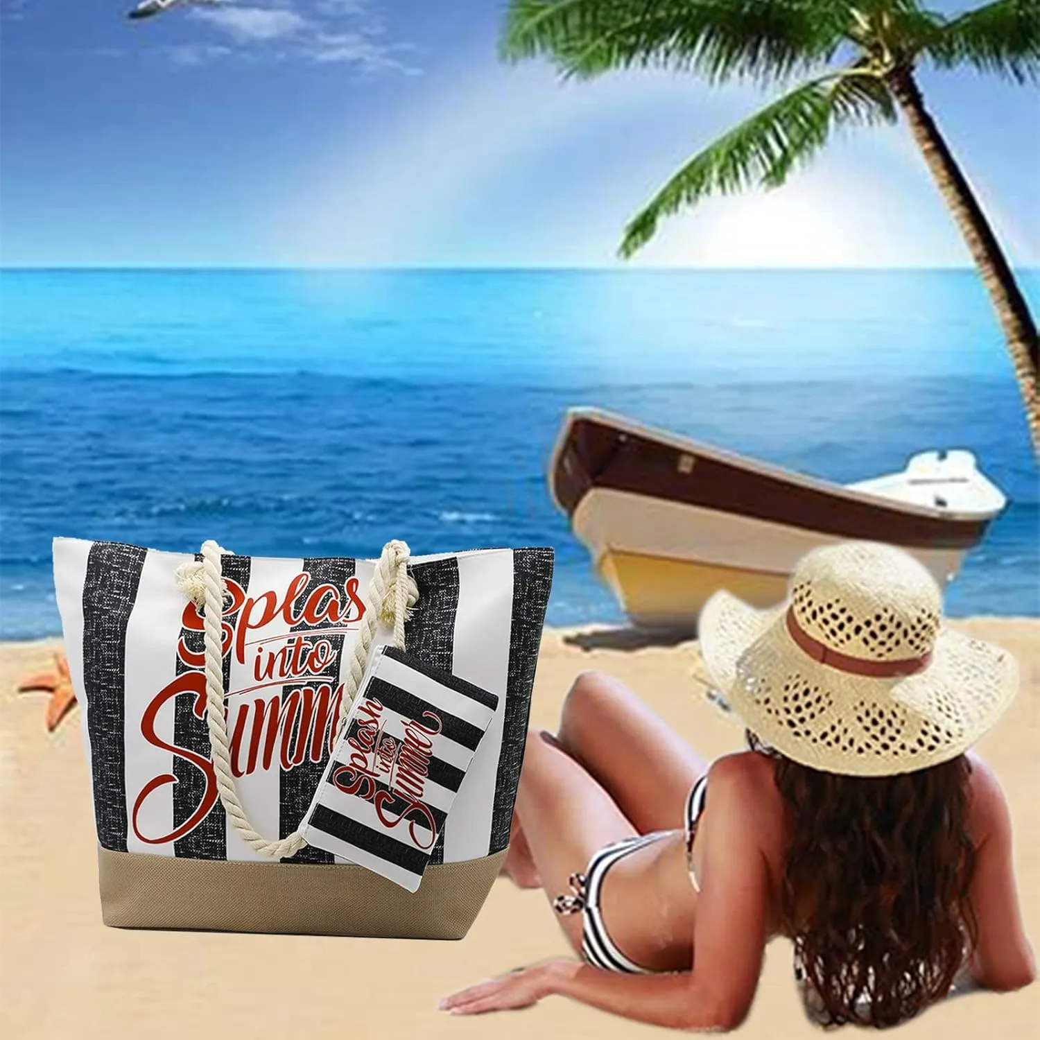 We We Large Beach Tote bag for Women Canvas Straw Tavel Tote Bag Waterproof Shoulder Bag Handbag for Gym Swim