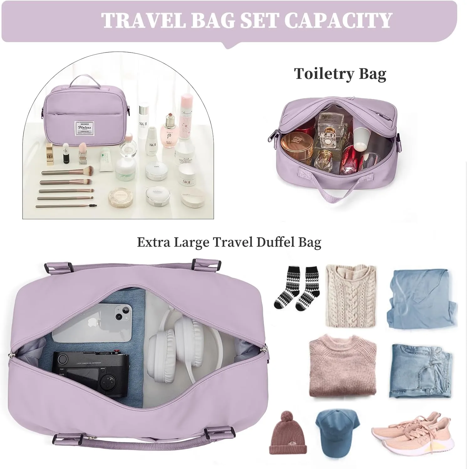 Weekender Bags for Women,Overnight Travel Duffel Bag with Shoes Compartment& Toiletry Bag,Extra Large(Purple)