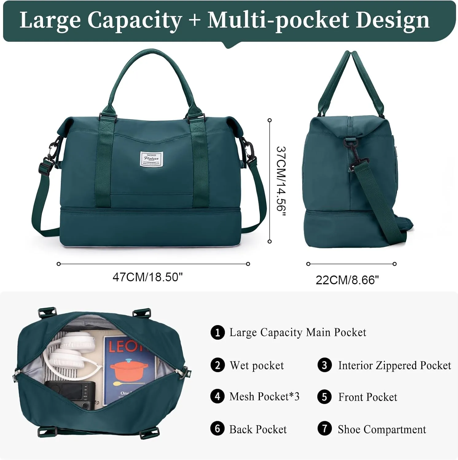 Weekender Bags for Women,Personal Item Travel Bag with Shoes Compartment,Overnight Travel Duffel Bag with Quilted Toiletry Bag,Peacock Blue