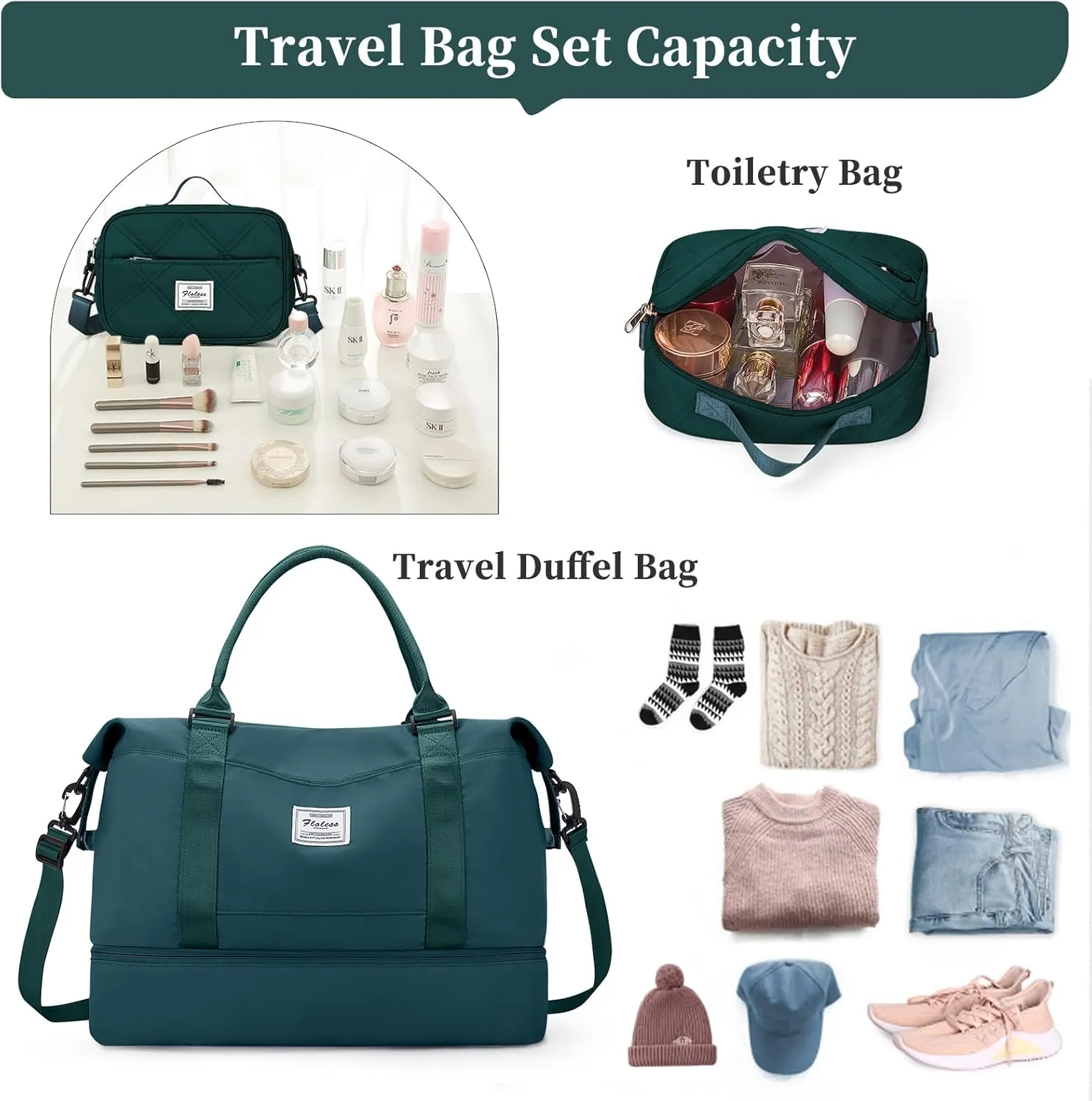 Weekender Bags for Women,Personal Item Travel Bag with Shoes Compartment,Overnight Travel Duffel Bag with Quilted Toiletry Bag,Peacock Blue