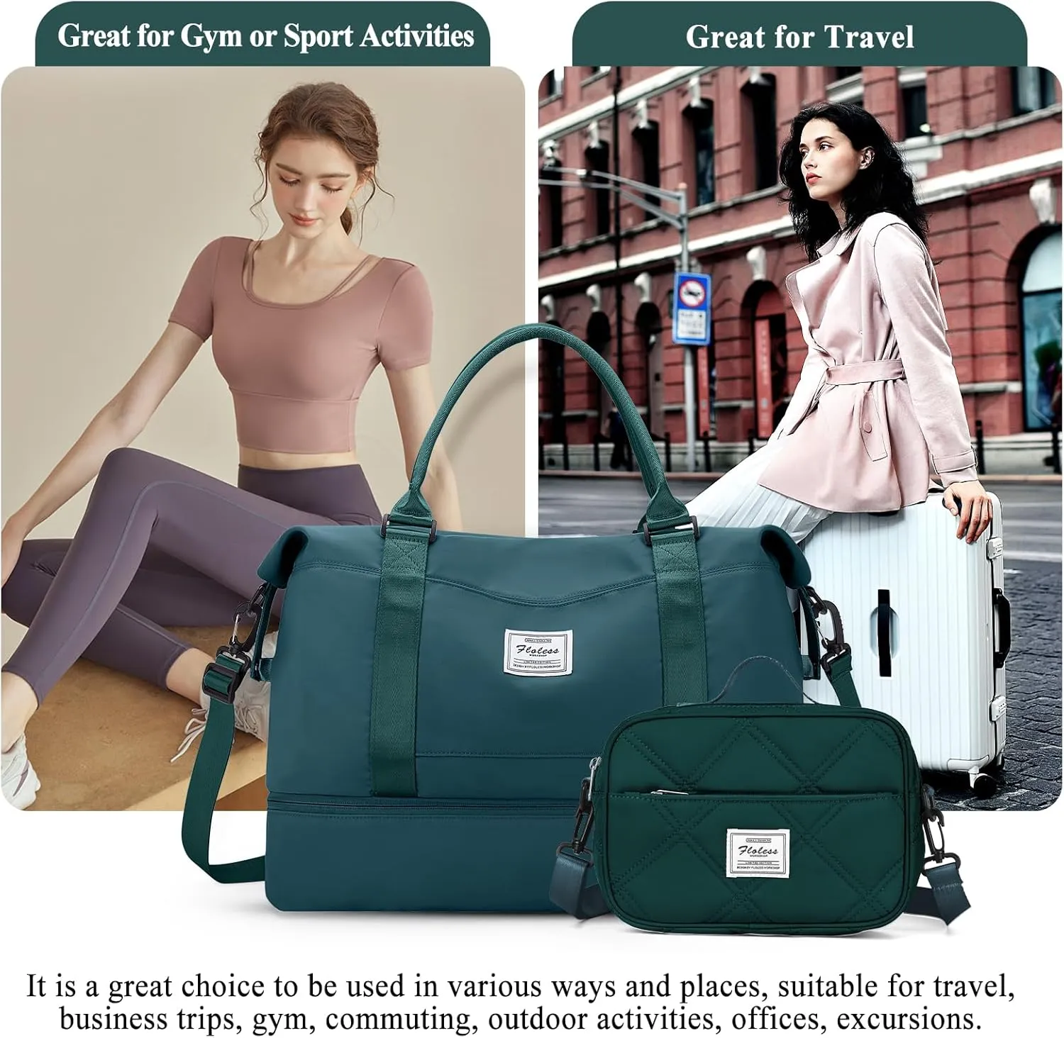 Weekender Bags for Women,Personal Item Travel Bag with Shoes Compartment,Overnight Travel Duffel Bag with Quilted Toiletry Bag,Peacock Blue