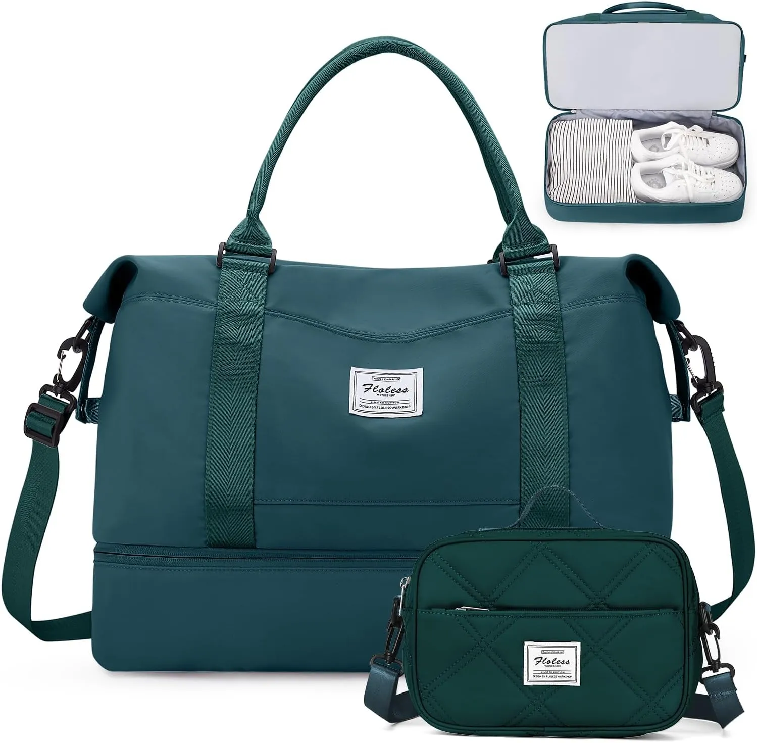 Weekender Bags for Women,Personal Item Travel Bag with Shoes Compartment,Overnight Travel Duffel Bag with Quilted Toiletry Bag,Peacock Blue