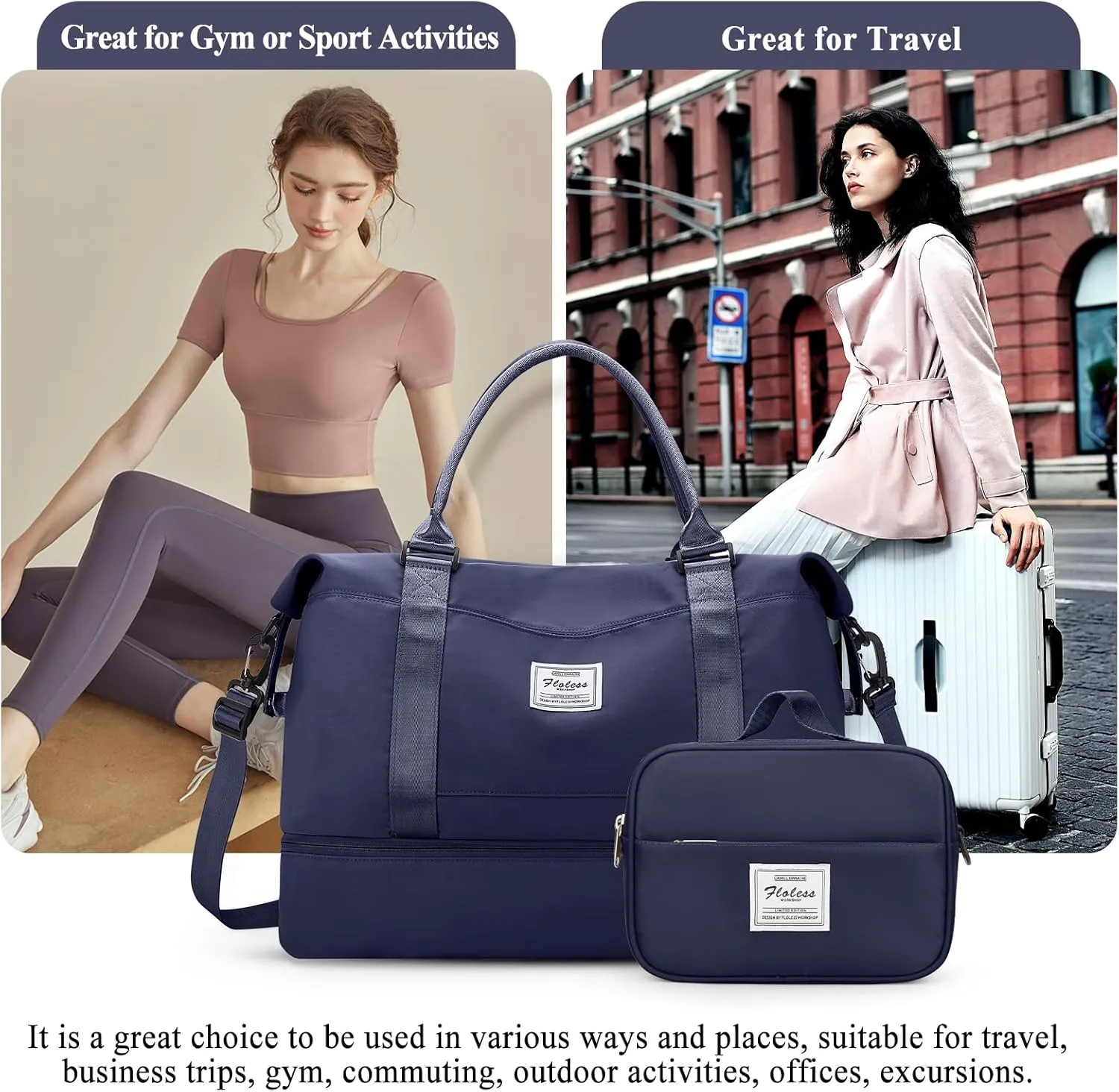 Weekender Bags for Women,Personal Item Travel Bag with Shoes Compartment,Overnight Travel Duffel Bag with Wet Pocket and Separate Toiletry Bag,Gym Bag