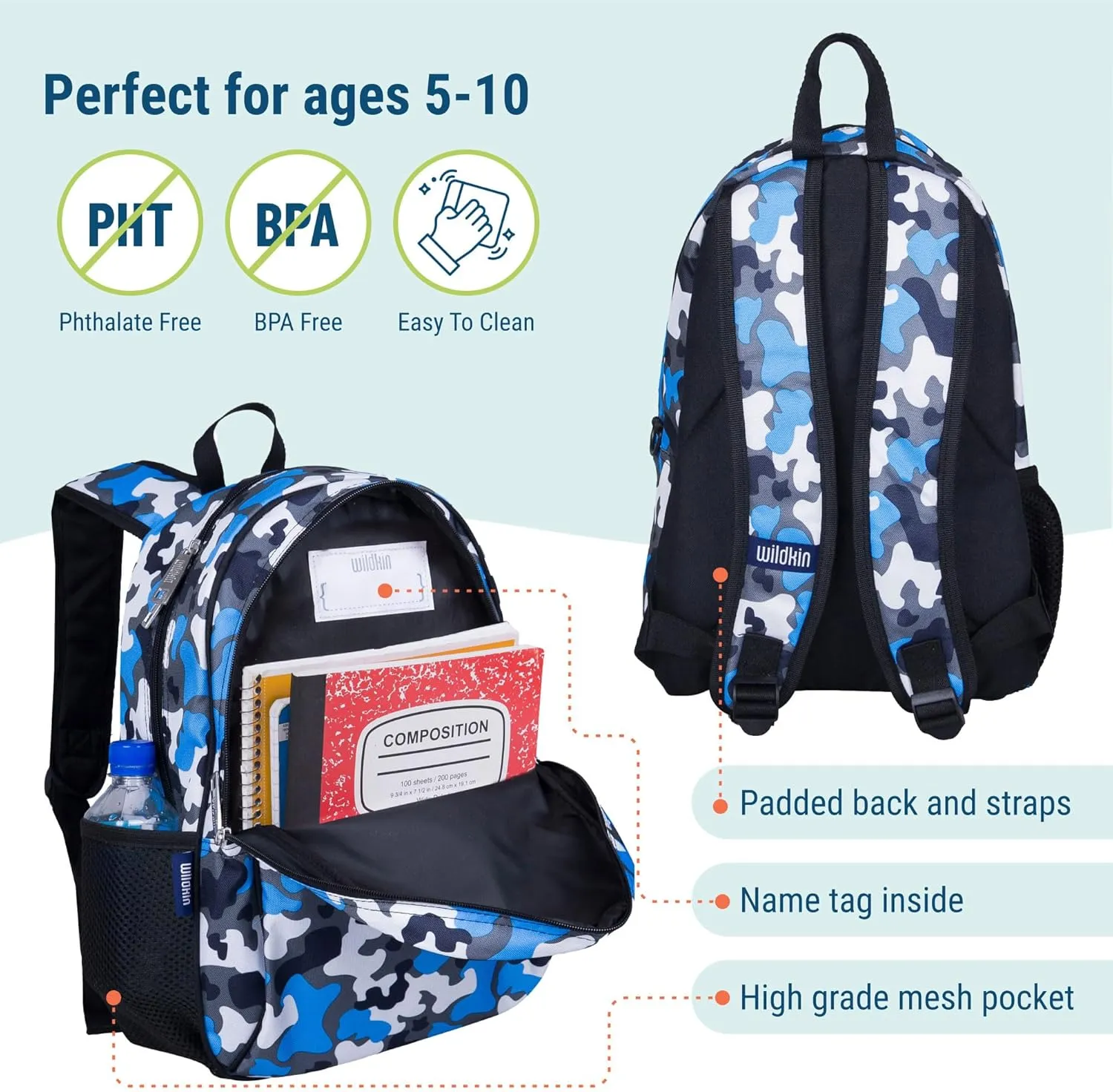 Wildkin 15-inch Kids Backpack – Durable, Padded, Adjustable for School & Travel - Blue Camo