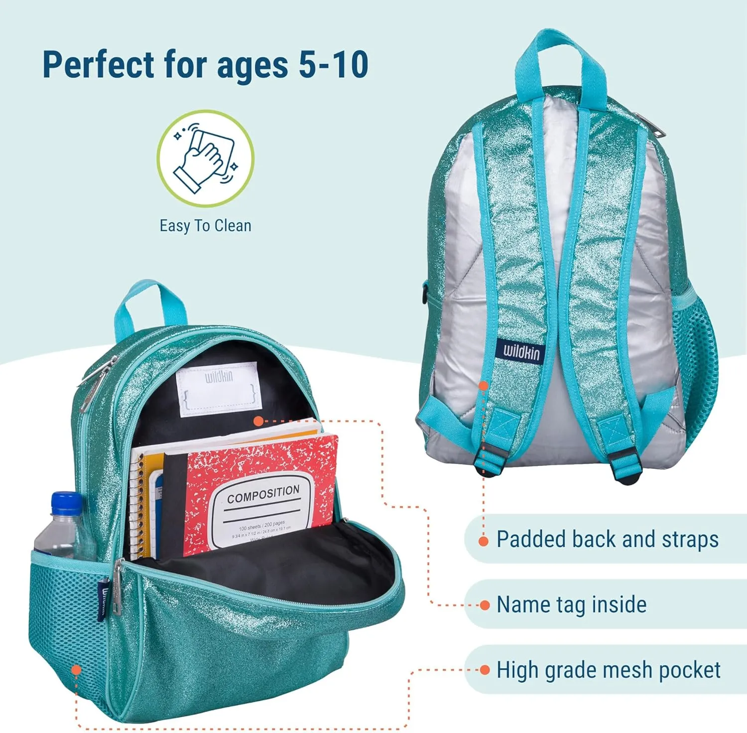 Wildkin 15-inch Kids Backpack – Durable, Padded, Adjustable for School & Travel (Blue Glitter)