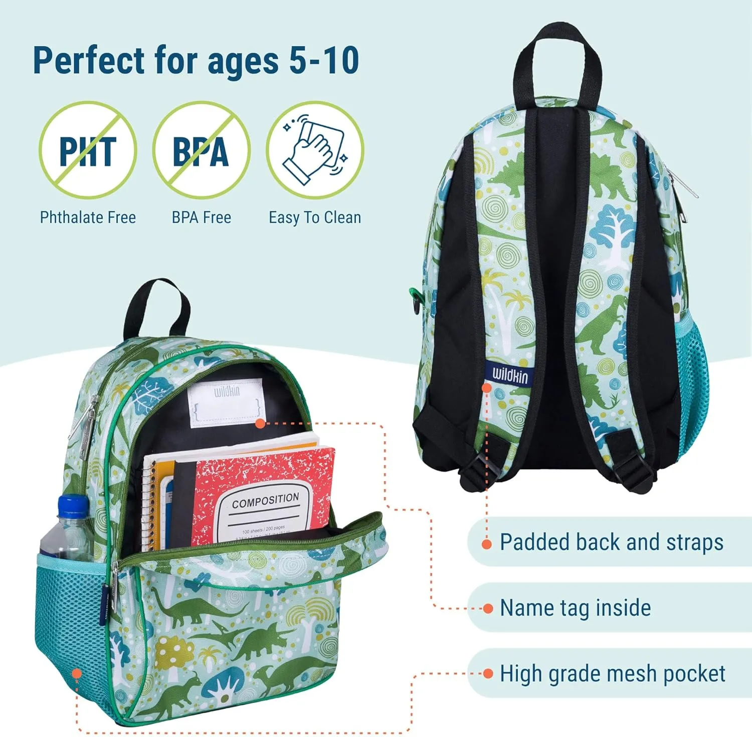 Wildkin 15-inch Kids Backpack – Durable, Padded, Adjustable for School & Travel - Dinomite Dinosaurs