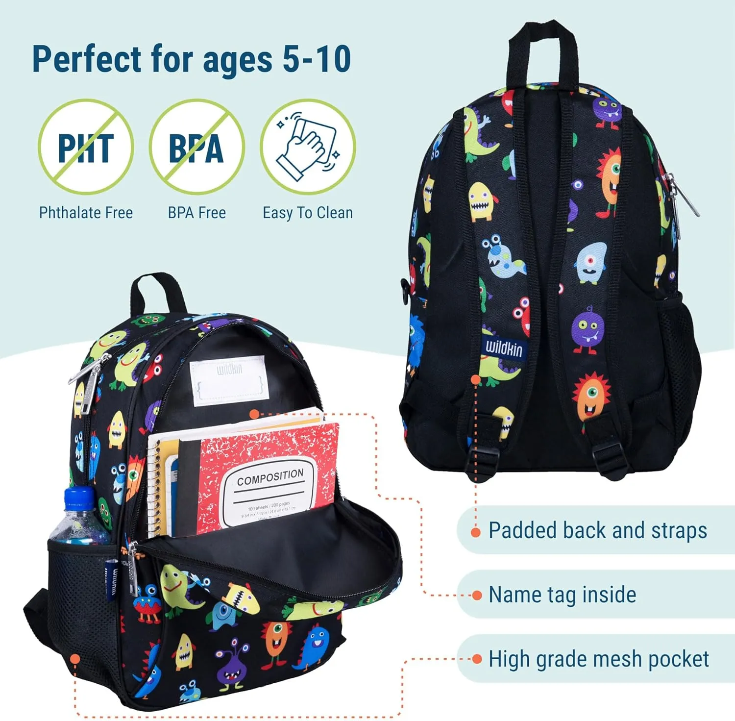 Wildkin 15-inch Kids Backpack – Durable, Padded, Adjustable for School & Travel - Monsters