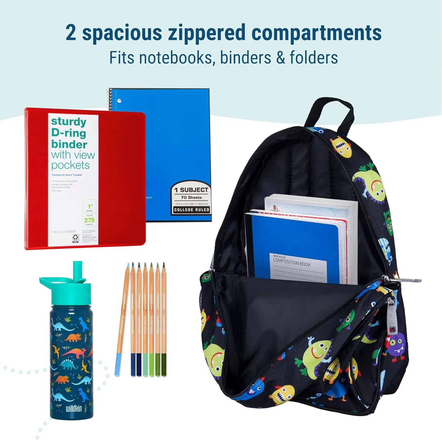 Wildkin 15-inch Kids Backpack – Durable, Padded, Adjustable for School & Travel - Monsters