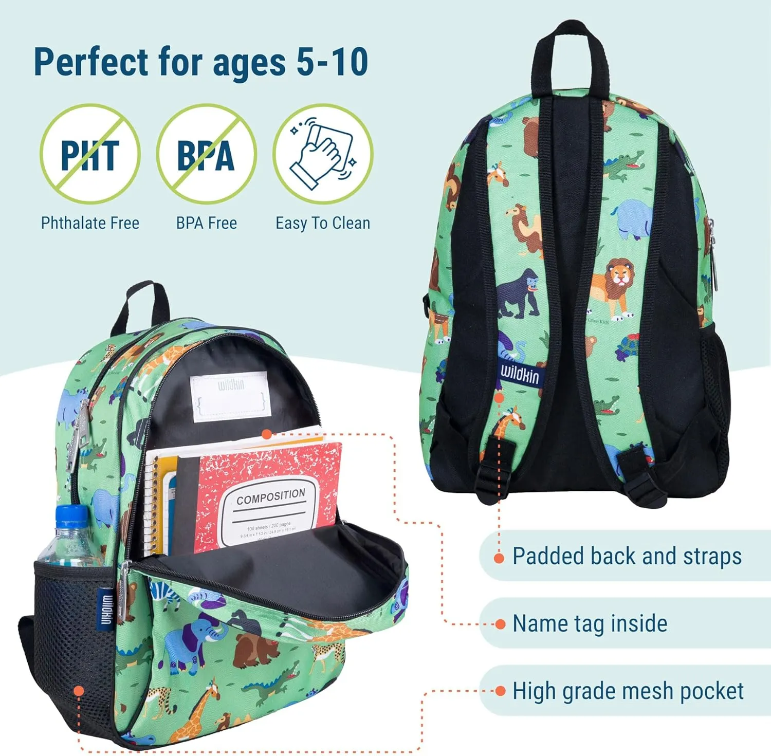 Wildkin 15-inch Kids Backpack – Durable, Padded, Adjustable for School & Travel - Wild Animals