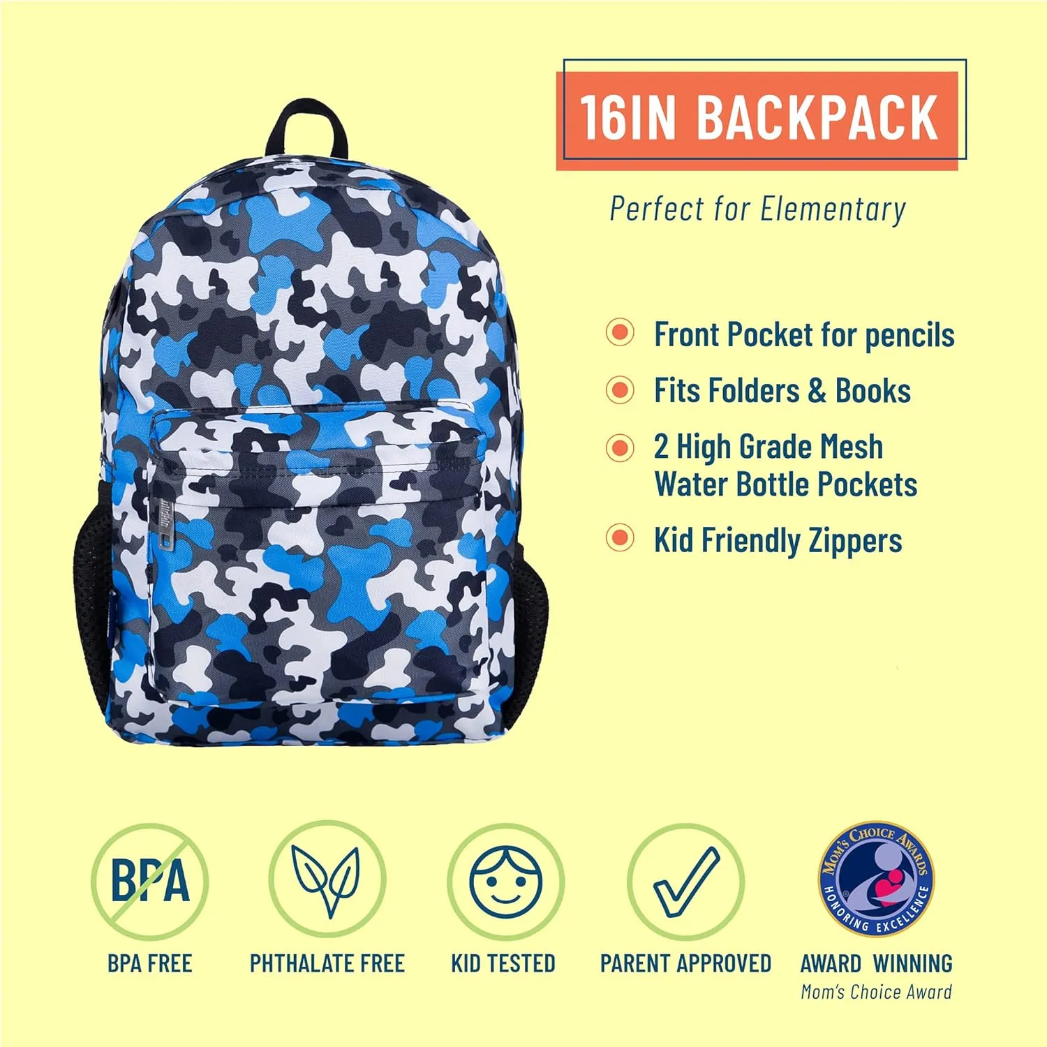 Wildkin 16-inch Kids Backpack – Durable, Padded & Spacious School Bag for Boys & Girls - Blue Camo
