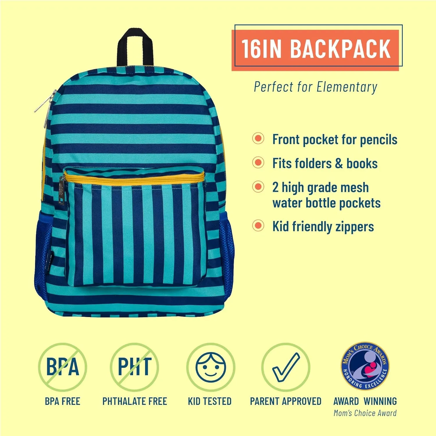 Wildkin 16-inch Kids Backpack – Durable, Padded & Spacious School Bag for Boys & Girls - Blue Stripes