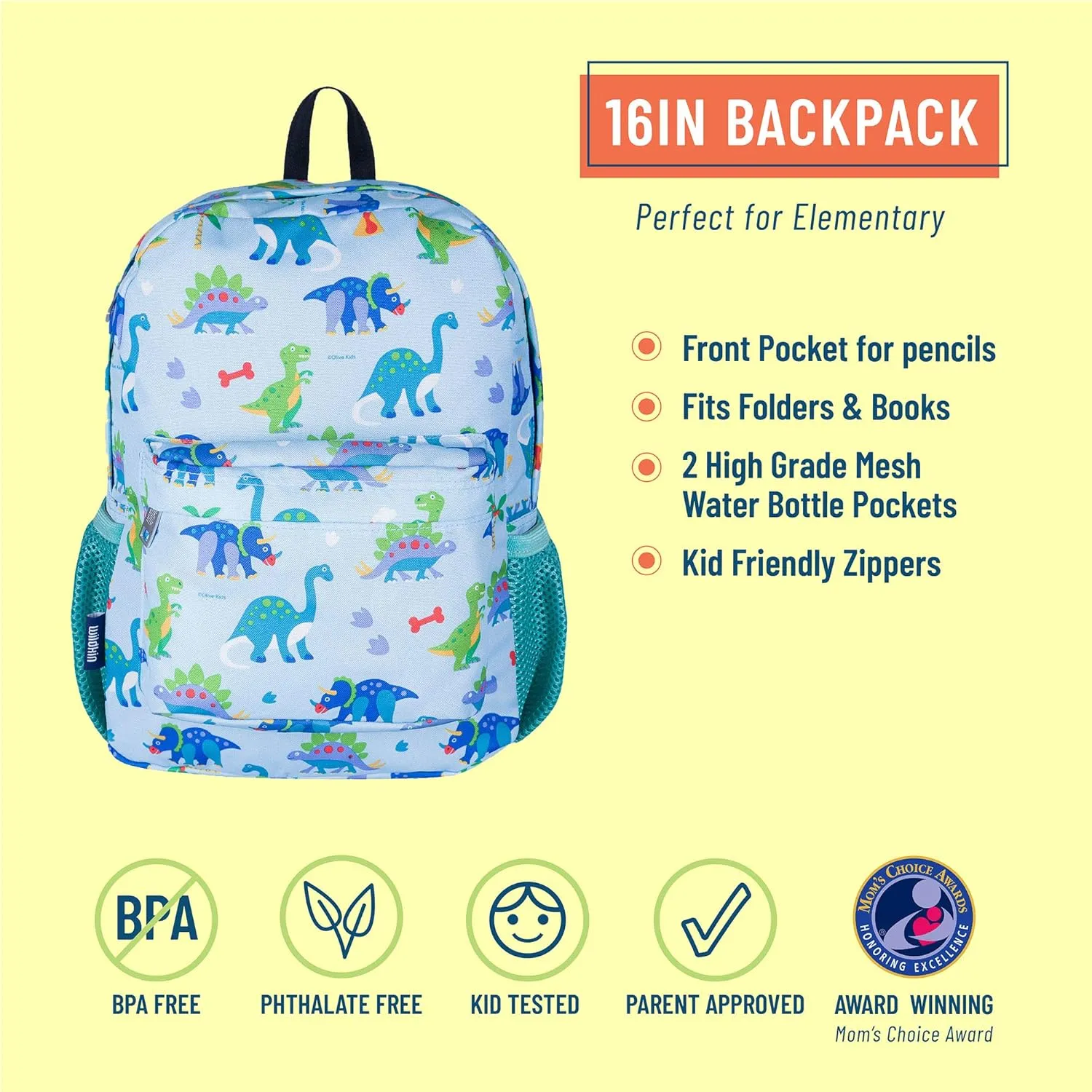 Wildkin 16-inch Kids Backpack – Durable, Padded & Spacious School Bag for Boys & Girls - Dinosaur Land