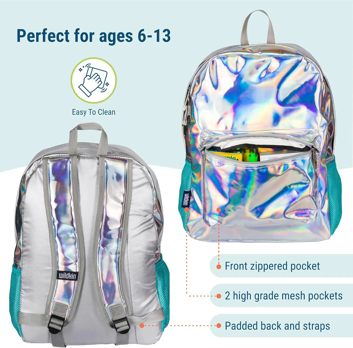 Wildkin 16-inch Kids Backpack – Durable, Padded & Spacious School Bag for Boys & Girls (Holographic)