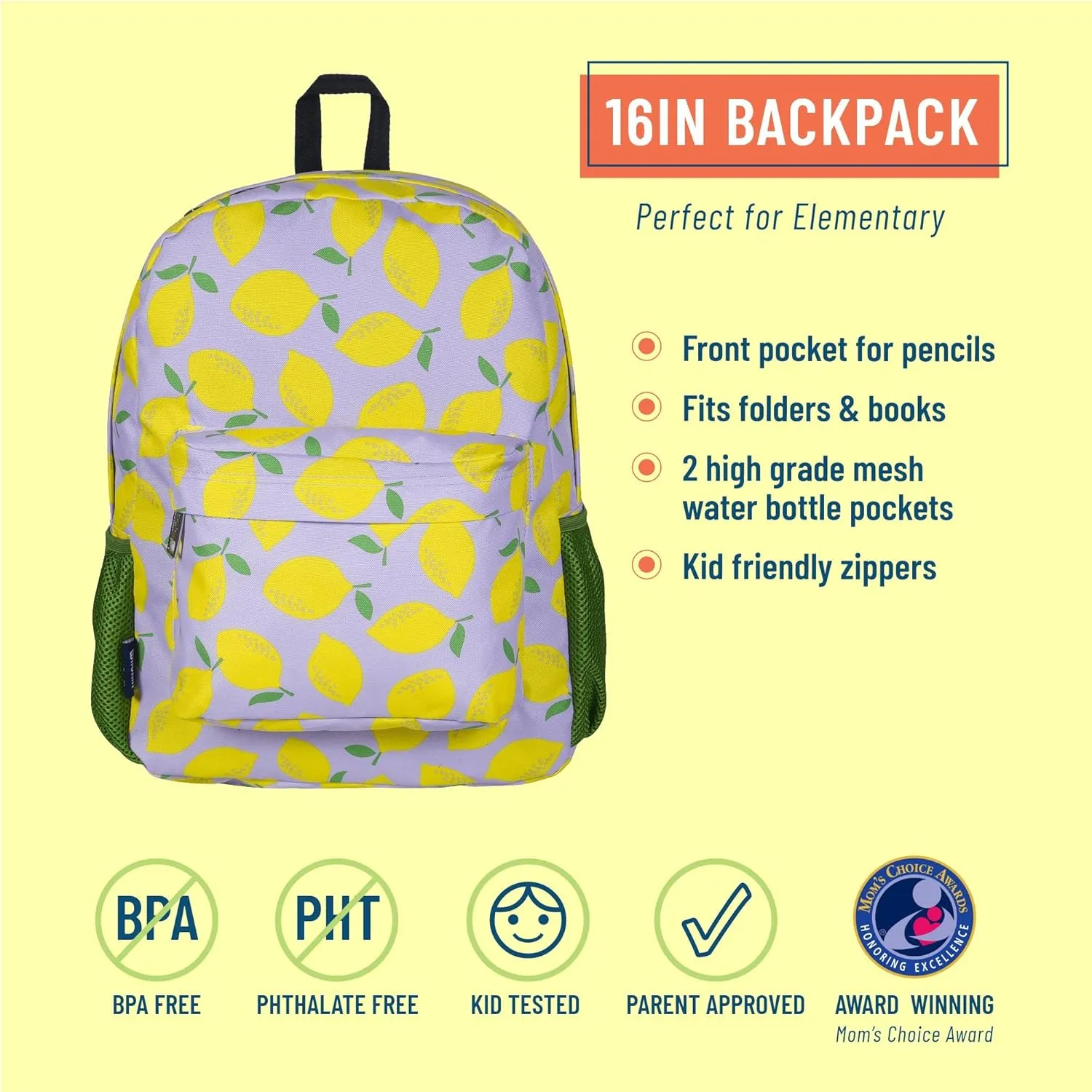 Wildkin 16-inch Kids Backpack – Durable, Padded & Spacious School Bag for Boys & Girls (Lilac Lemonade)