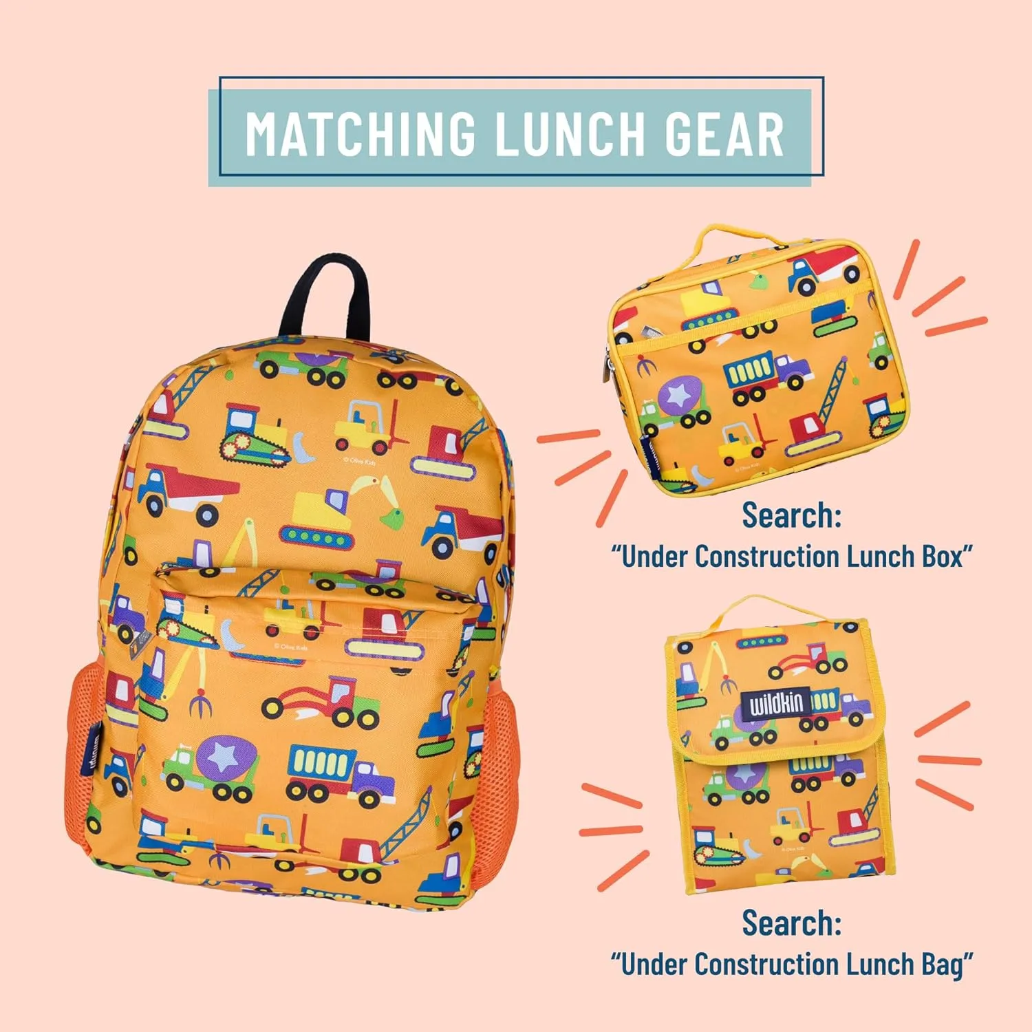 Wildkin 16-inch Kids Backpack – Durable, Padded & Spacious School Bag for Boys & Girls - Under Construction
