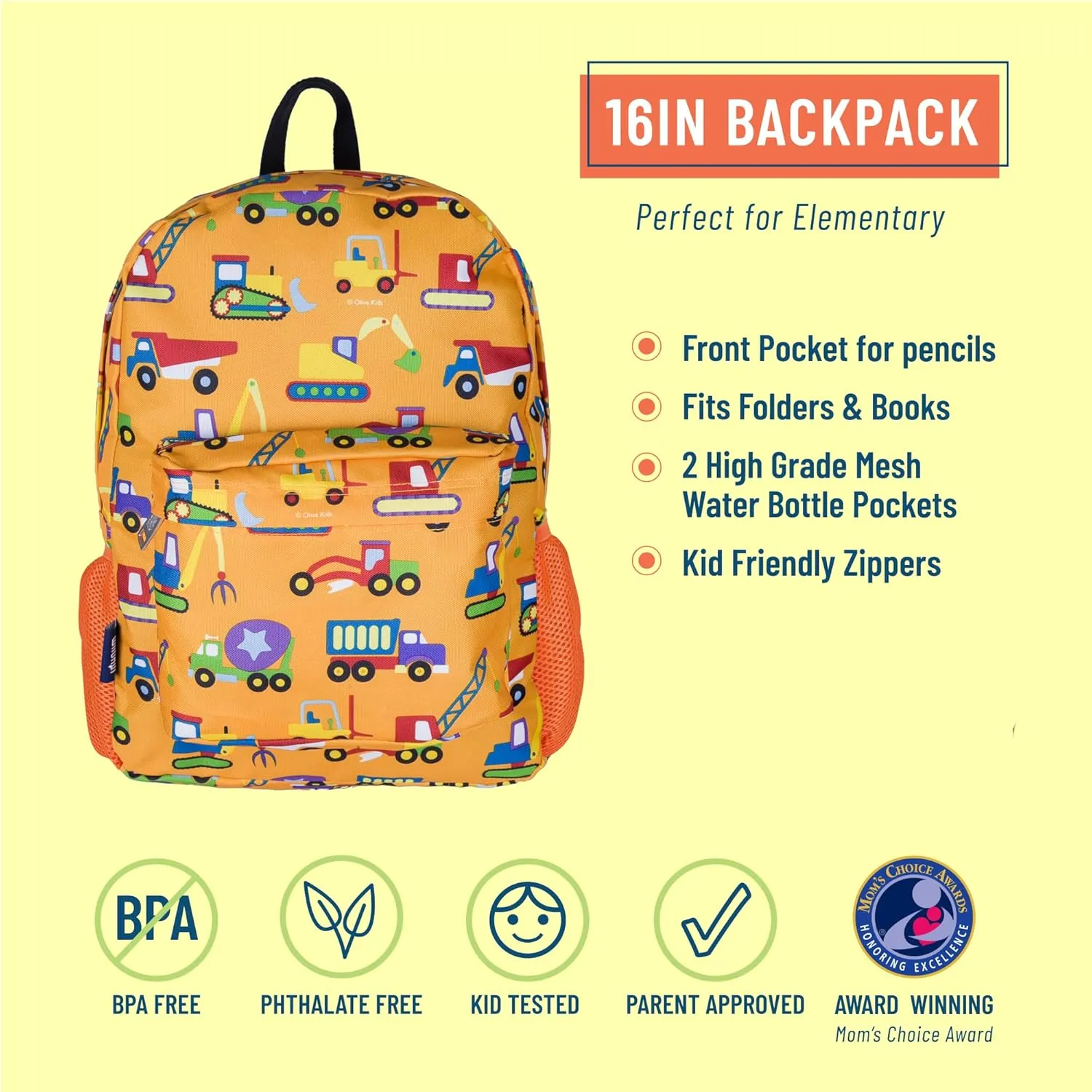 Wildkin 16-inch Kids Backpack – Durable, Padded & Spacious School Bag for Boys & Girls - Under Construction