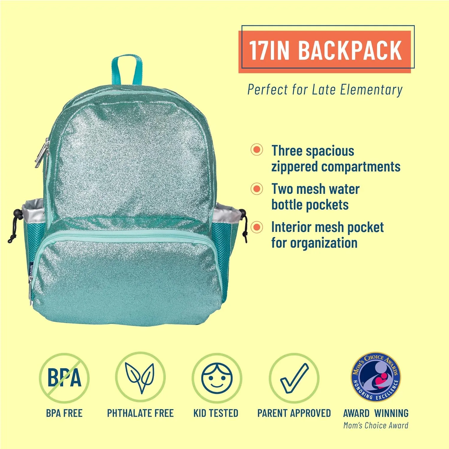 Wildkin 17-inch Kids Backpack – Durable, Lightweight School Bag for Boys & Girls - Blue Glitter
