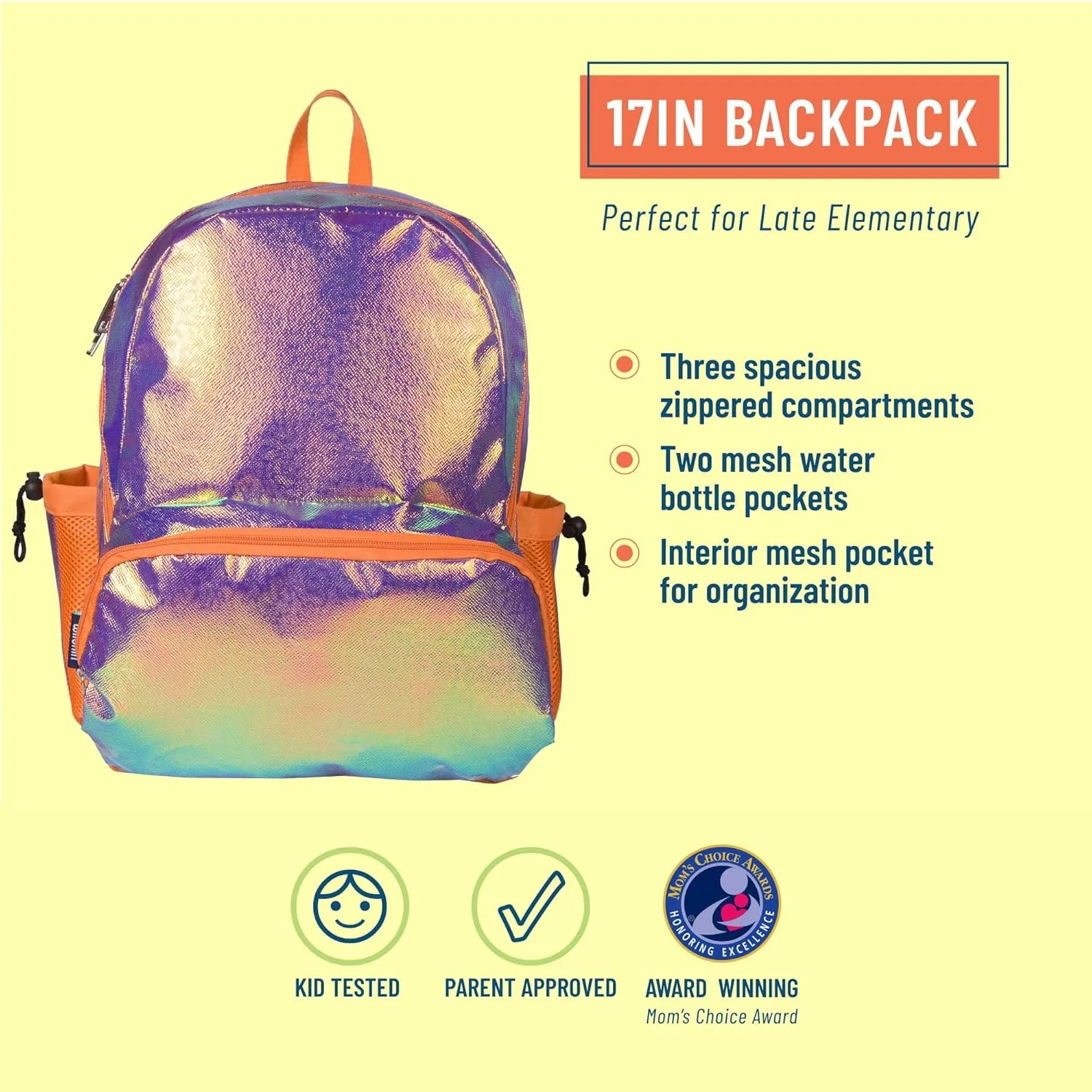 Wildkin 17-inch Kids Backpack – Durable, Lightweight School Bag for Boys & Girls - Orange Shimmer