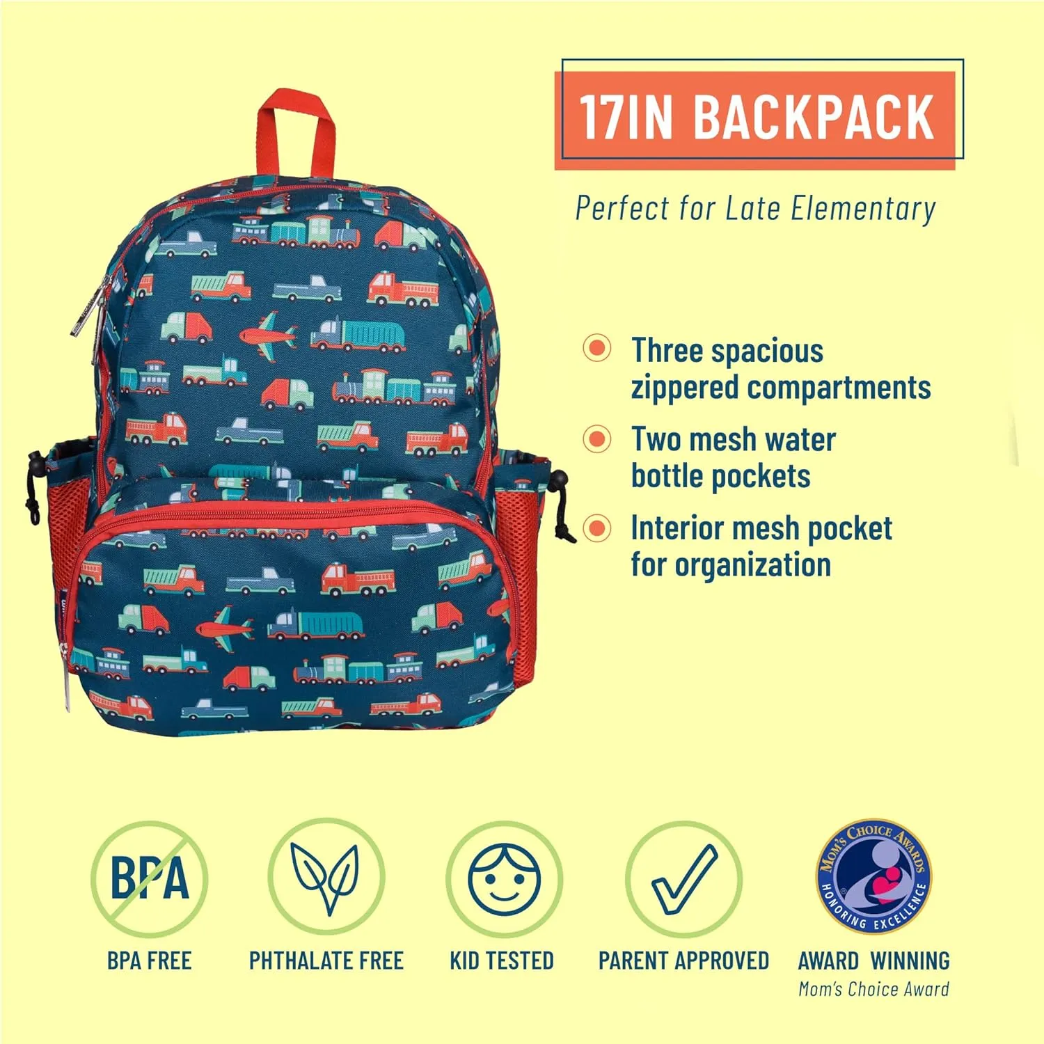 Wildkin 17-inch Kids Backpack – Durable, Lightweight School Bag for Boys & Girls - Transportation