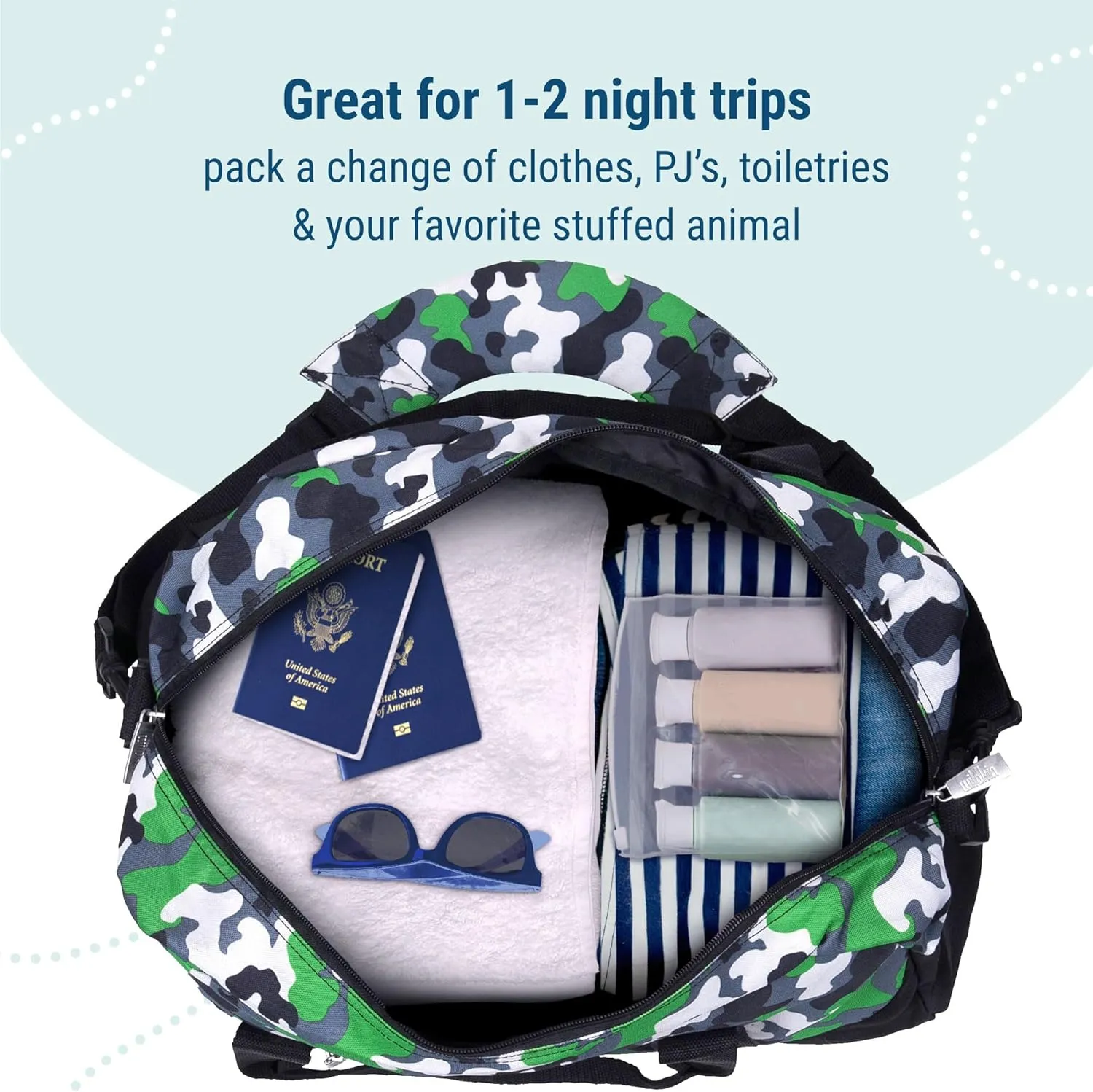Wildkin Kids Overnighter Duffel Bag – Carry-On Size, Ideal for School & Sleepovers – Green Camo