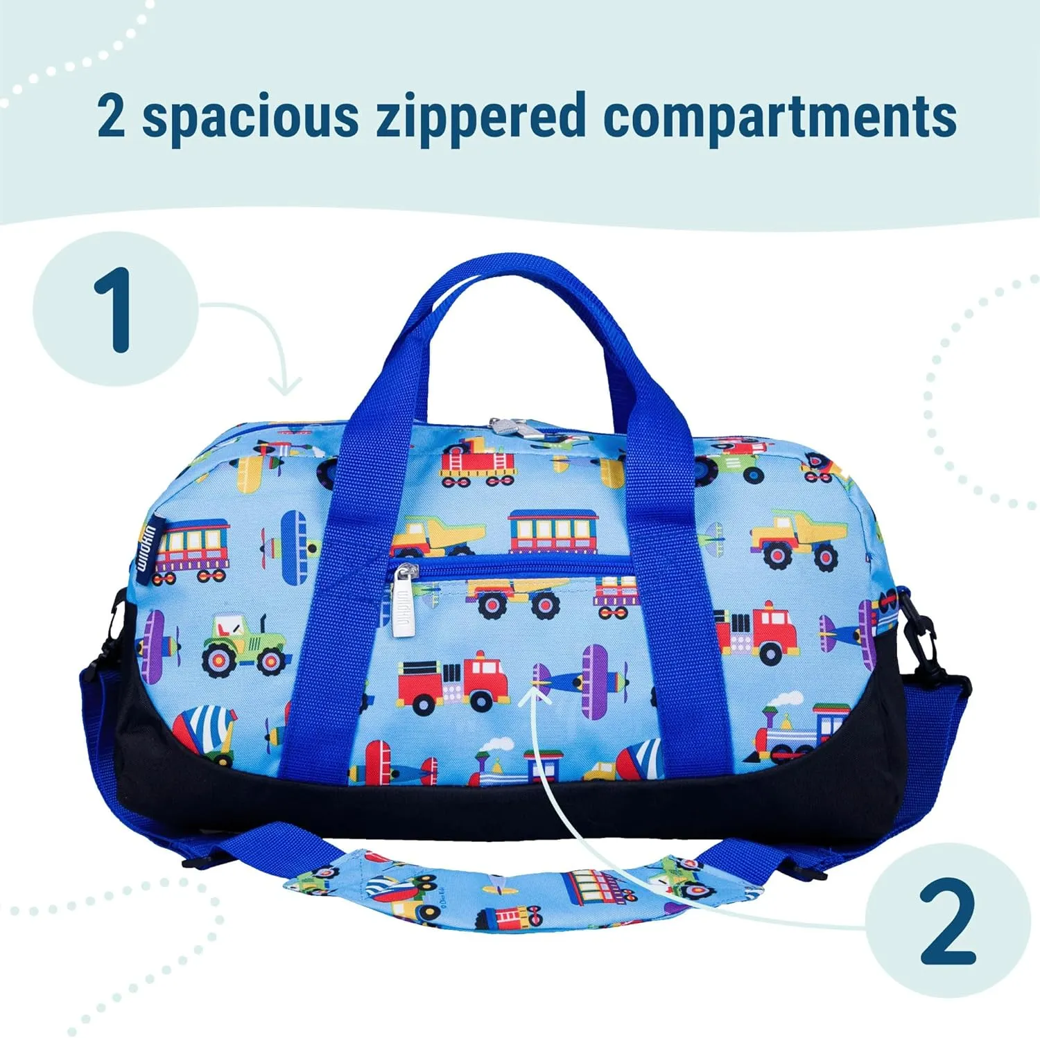 Wildkin Kids Overnighter Duffel Bag – Carry-On Size, Ideal for School & Sleepovers – Trains, Planes, and Trucks