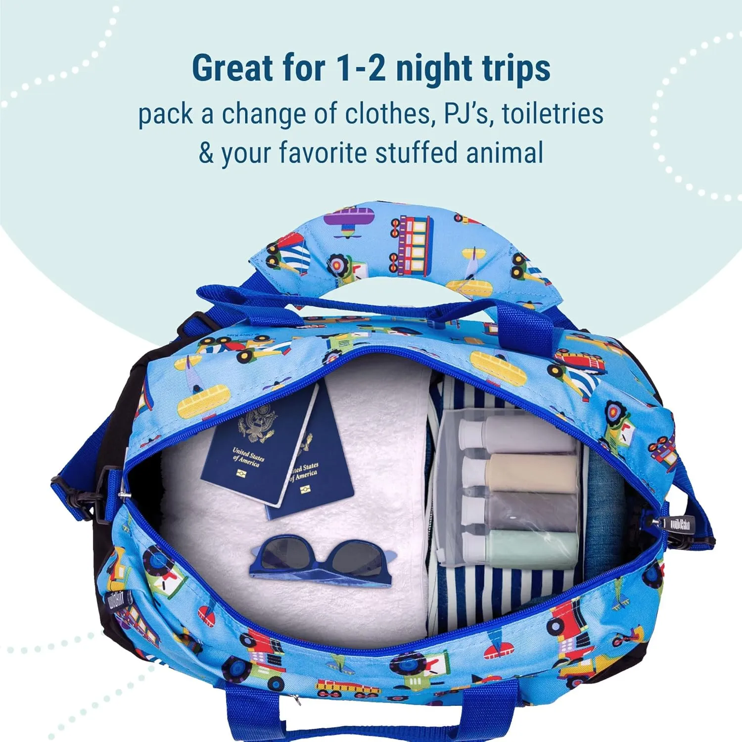 Wildkin Kids Overnighter Duffel Bag – Carry-On Size, Ideal for School & Sleepovers – Trains, Planes, and Trucks