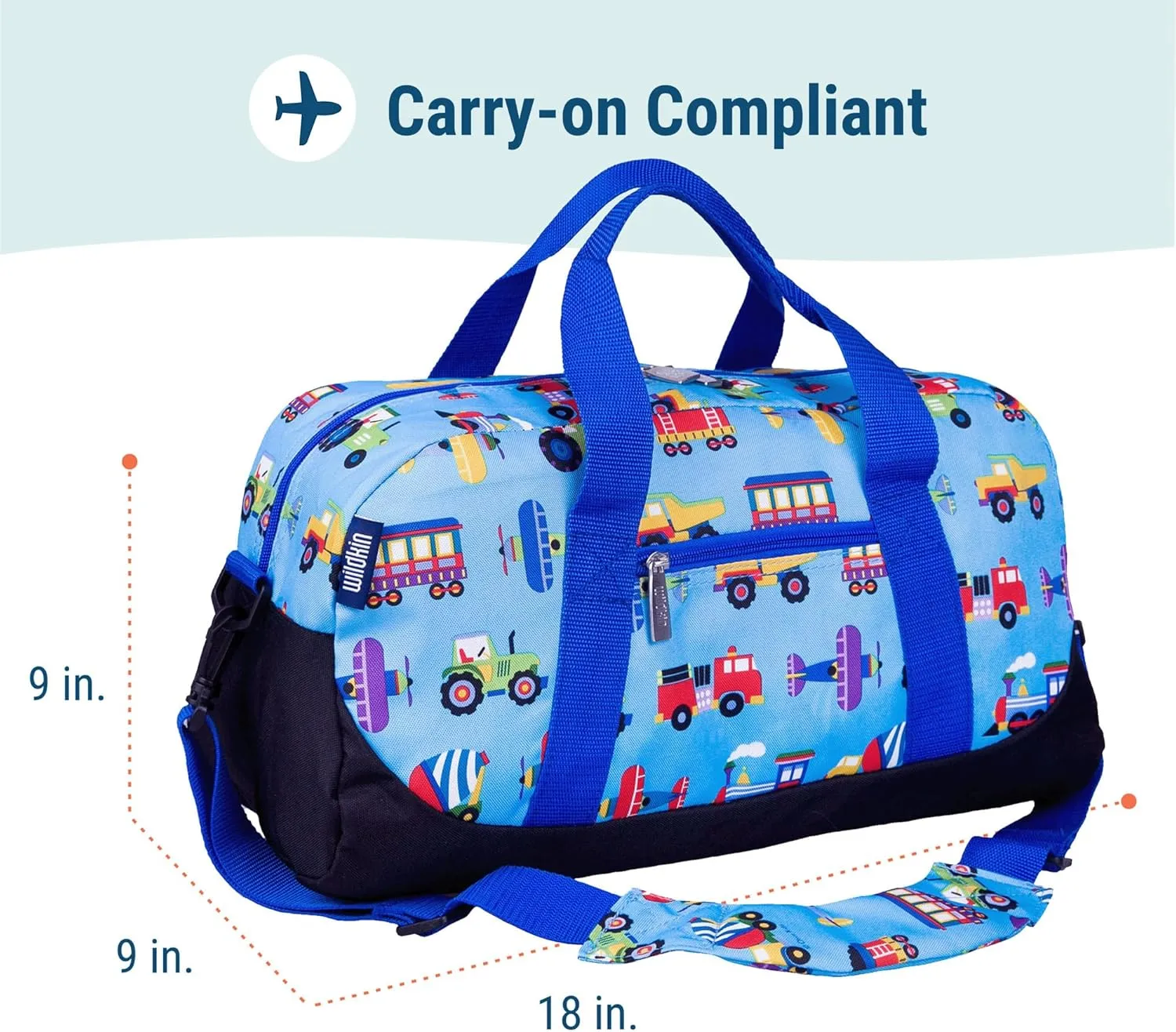Wildkin Kids Overnighter Duffel Bag – Carry-On Size, Ideal for School & Sleepovers – Trains, Planes, and Trucks