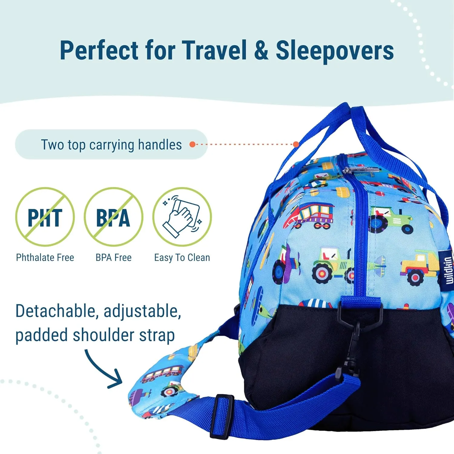 Wildkin Kids Overnighter Duffel Bag – Carry-On Size, Ideal for School & Sleepovers – Trains, Planes, and Trucks