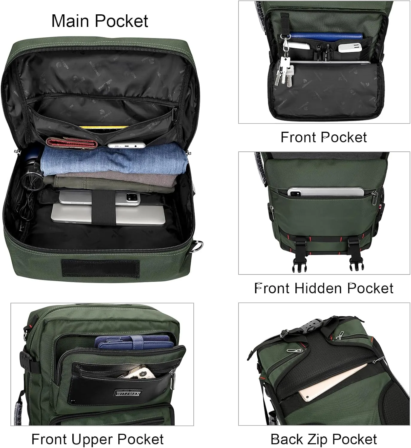 WITZMAN Carry On Travel Backpack for Men Duffle Bags Fit 17 Inch Laptop Airline Approved Laptop Backpack(B685 Army Green)