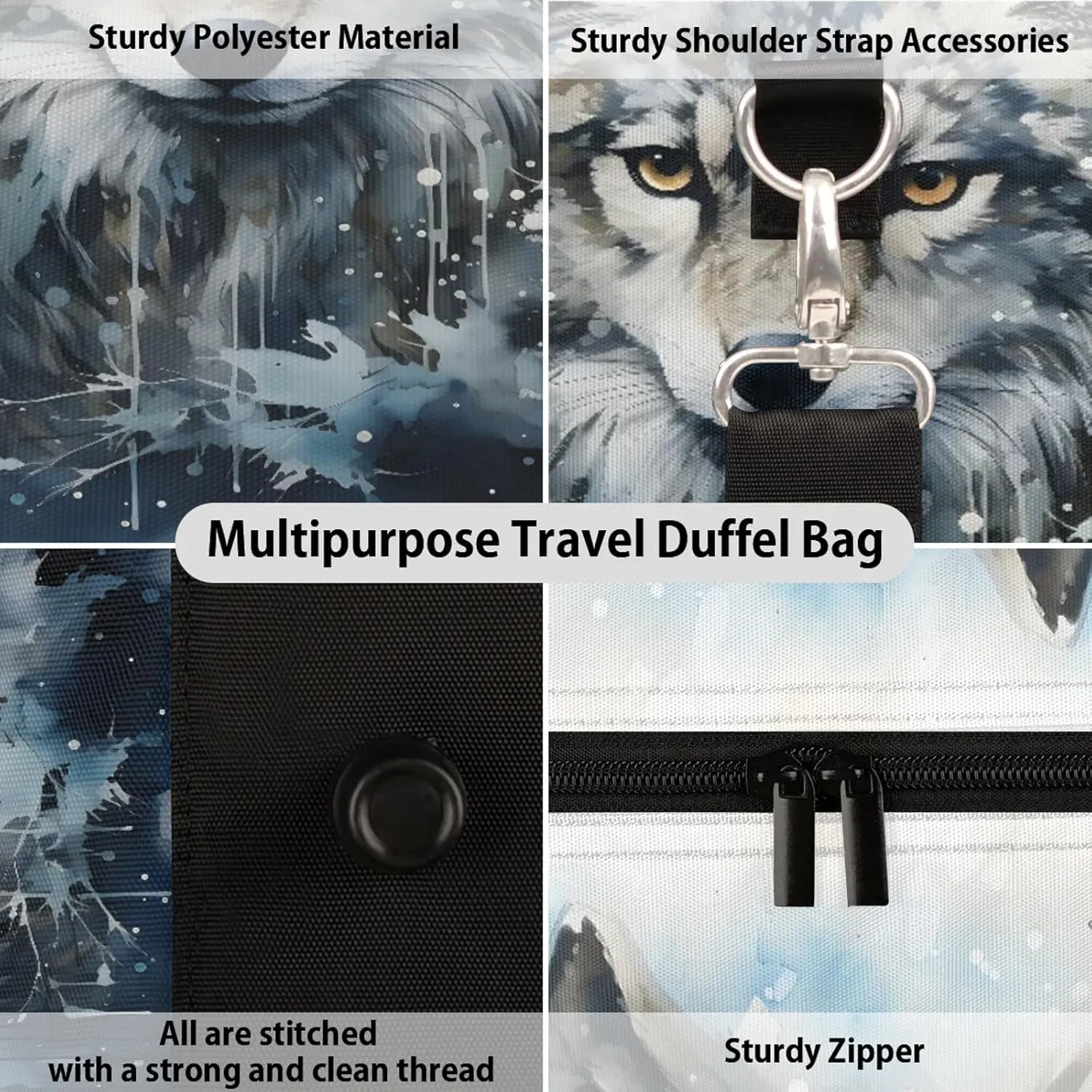 Wolf Travel Duffle Bag, Sports Gym Bags for Women Men, Carry On Weekender Overnight Workout Airplane Trips Bag