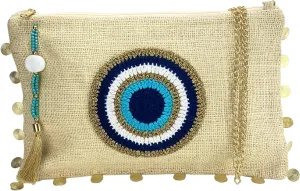 Women Clutch Bag Jute Purse Zipper Closure Chain Strap Off-White Gold