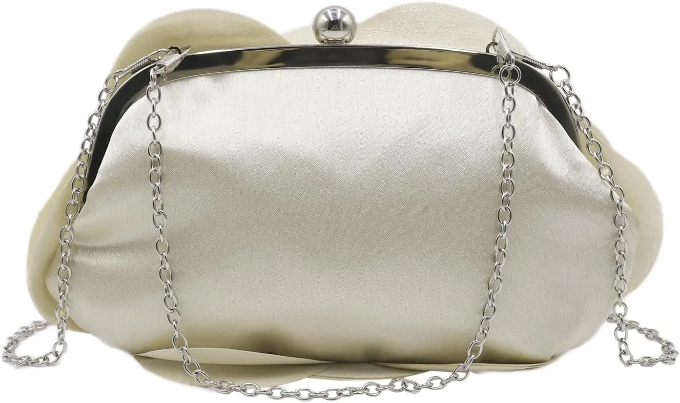 Women Evening Clutch Bag Fashion Rose Floral Satin Small Purse Handbag with Detachable Strap for Wedding,Evening Party, Prom