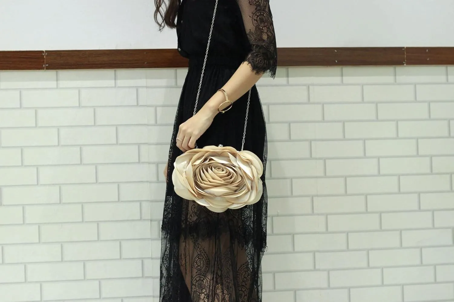 Women Evening Clutch Bag Fashion Rose Floral Satin Small Purse Handbag with Detachable Strap for Wedding,Evening Party, Prom