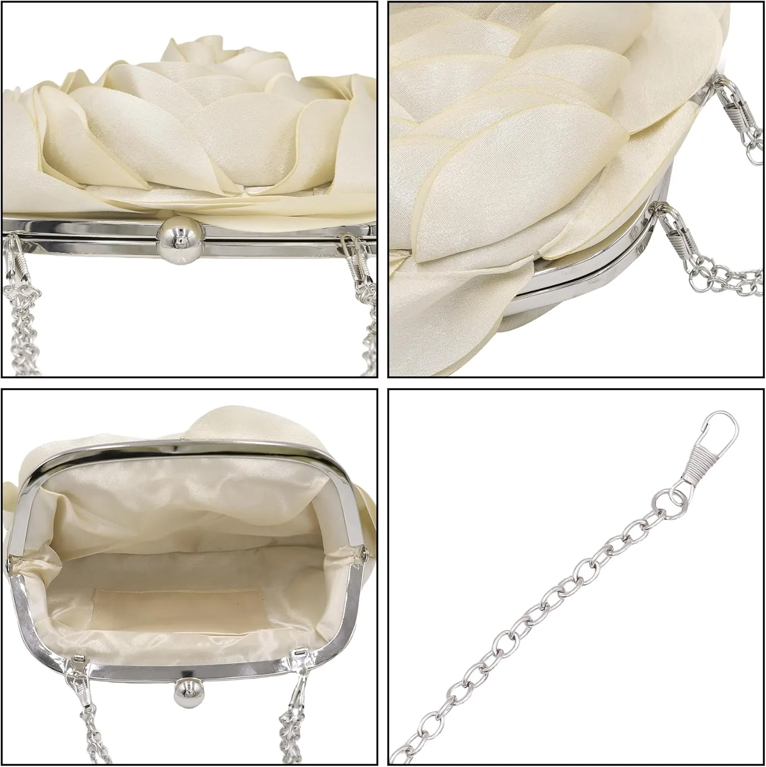 Women Evening Clutch Bag Fashion Rose Floral Satin Small Purse Handbag with Detachable Strap for Wedding,Evening Party, Prom