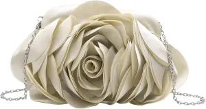 Women Evening Clutch Bag Fashion Rose Floral Satin Small Purse Handbag with Detachable Strap for Wedding,Evening Party, Prom