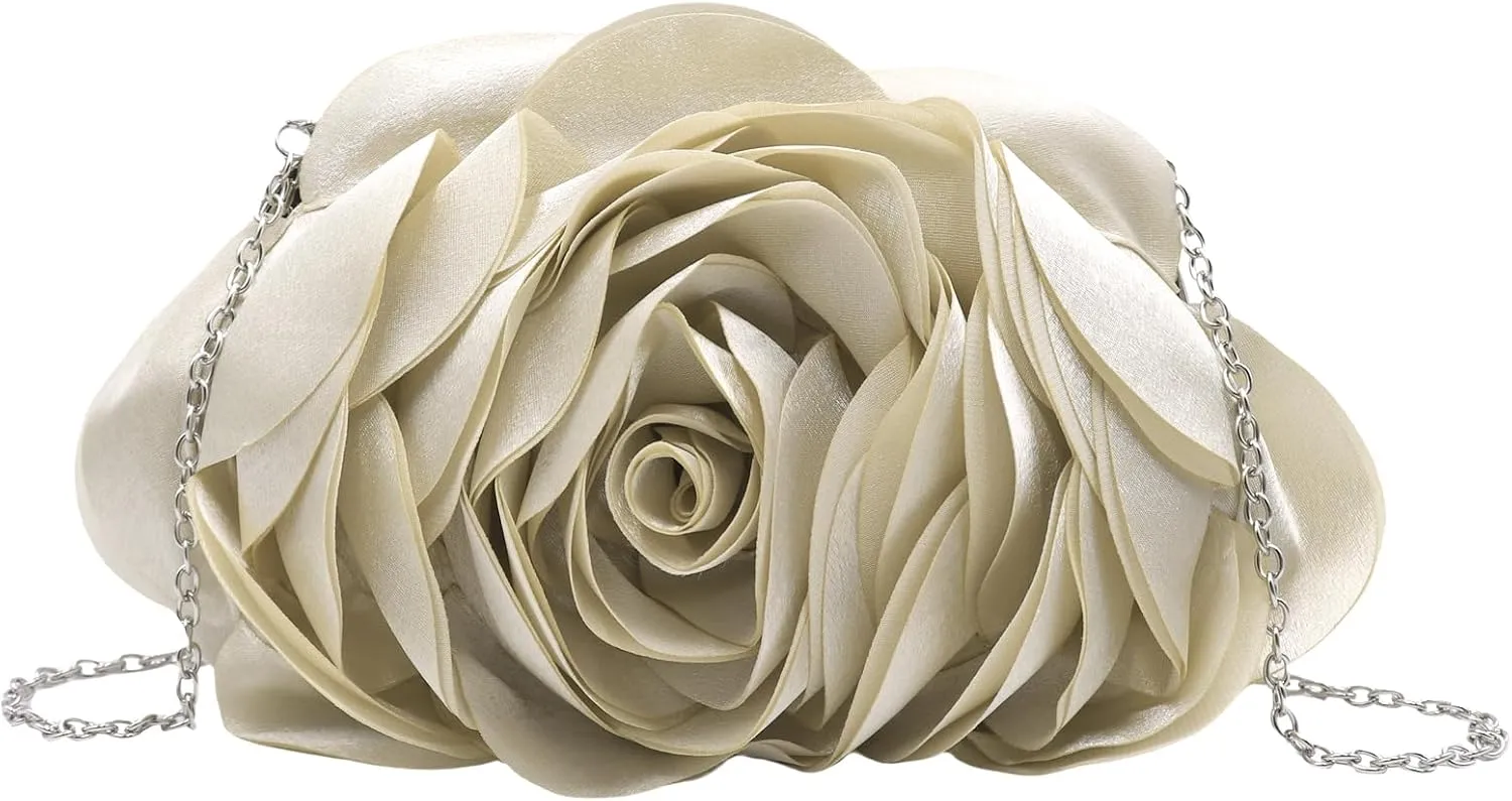 Women Evening Clutch Bag Fashion Rose Floral Satin Small Purse Handbag with Detachable Strap for Wedding,Evening Party, Prom