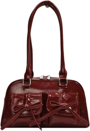 Women Fashion Shoulder Bag Double Pockets PU Leather Casual Armpit Bag with Bow Simple Shopping Bag Solid Color fo