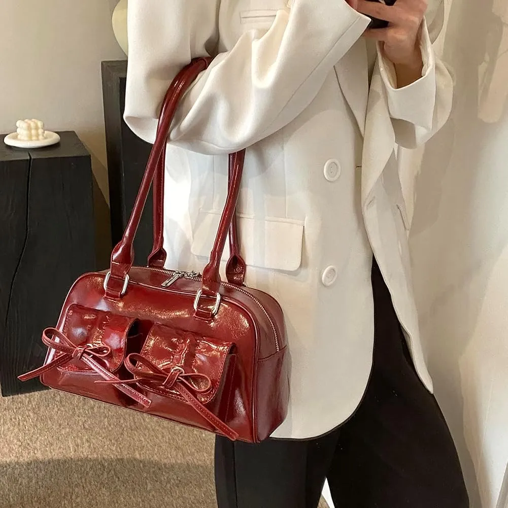 Women Fashion Shoulder Bag Double Pockets PU Leather Casual Armpit Bag with Bow Simple Shopping Bag Solid Color fo