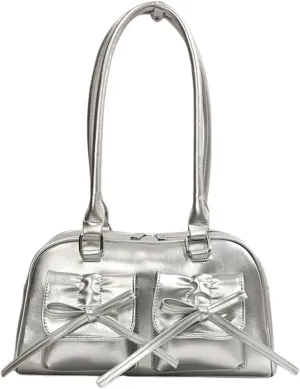 Women Fashion Shoulder Bag Double Pockets PU Leather Casual Armpit Bag with Bow Simple Shopping Bag Solid Color fo