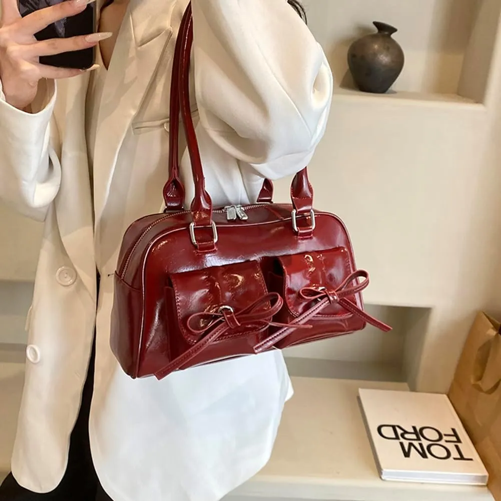 Women Fashion Shoulder Bag Double Pockets PU Leather Casual Armpit Bag with Bow Simple Shopping Bag Solid Color fo