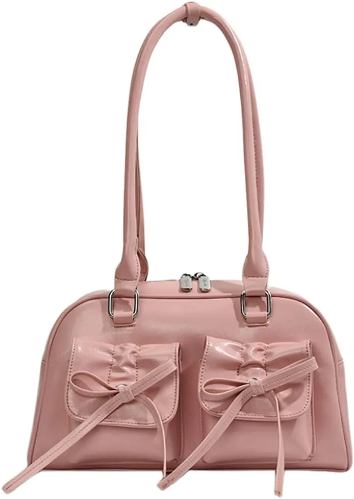 Women Fashion Shoulder Bag Double Pockets PU Leather Casual Armpit Bag with Bow Simple Shopping Bag Solid Color fo