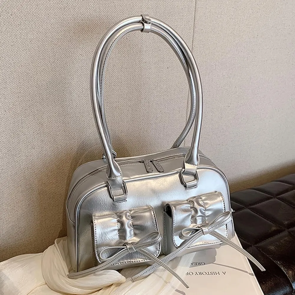 Women Fashion Shoulder Bag Double Pockets PU Leather Casual Armpit Bag with Bow Simple Shopping Bag Solid Color fo