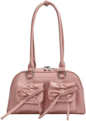 Women Fashion Shoulder Bag Double Pockets PU Leather Casual Armpit Bag with Bow Simple Shopping Bag Solid Color fo