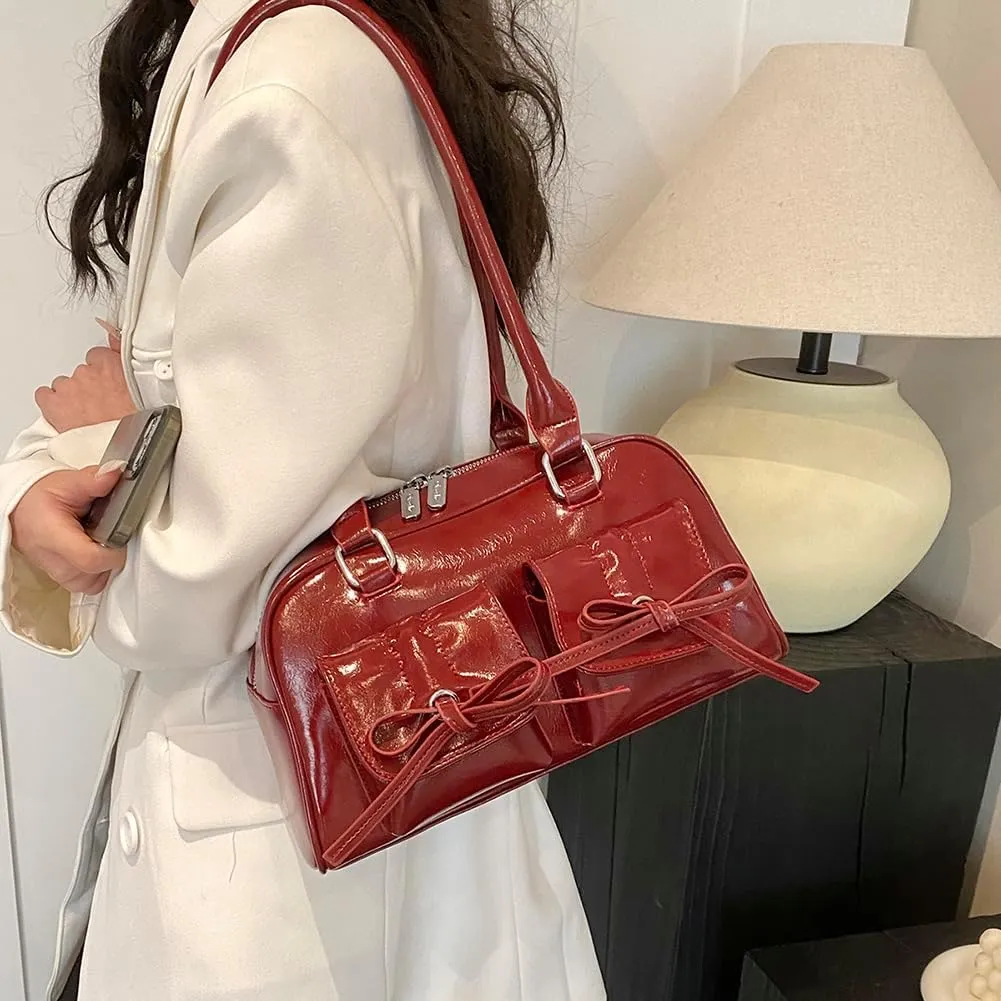 Women Fashion Shoulder Bag Double Pockets PU Leather Casual Armpit Bag with Bow Simple Shopping Bag Solid Color fo