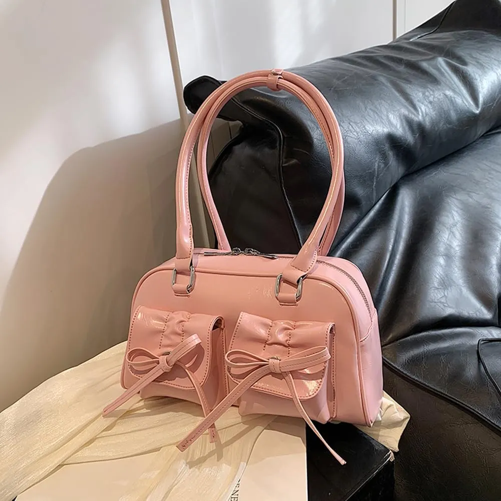 Women Fashion Shoulder Bag Double Pockets PU Leather Casual Armpit Bag with Bow Simple Shopping Bag Solid Color fo