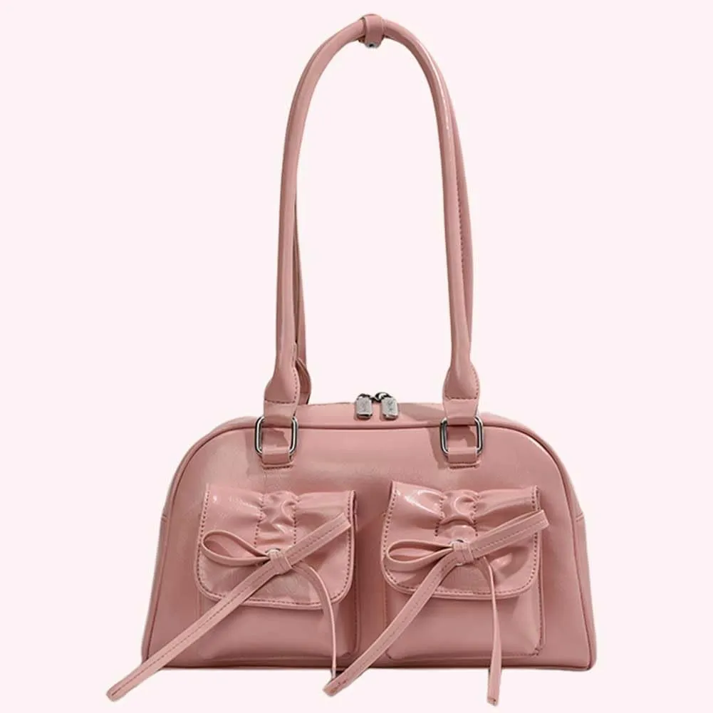Women Fashion Shoulder Bag Double Pockets PU Leather Casual Armpit Bag with Bow Simple Shopping Bag Solid Color fo
