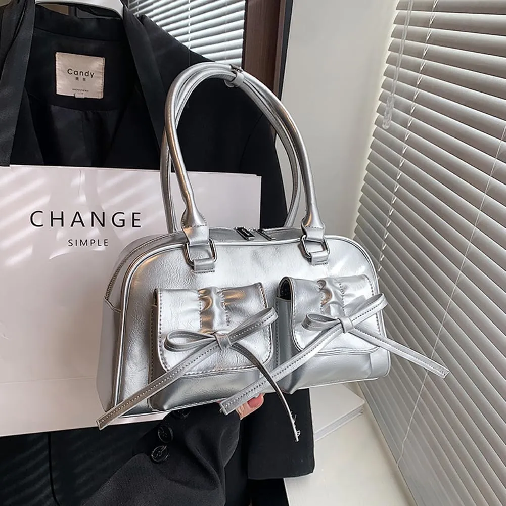 Women Fashion Shoulder Bag Double Pockets PU Leather Casual Armpit Bag with Bow Simple Shopping Bag Solid Color fo
