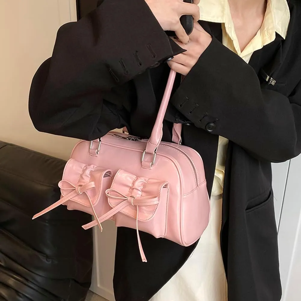 Women Fashion Shoulder Bag Double Pockets PU Leather Casual Armpit Bag with Bow Simple Shopping Bag Solid Color fo