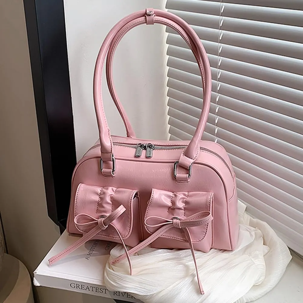 Women Fashion Shoulder Bag Double Pockets PU Leather Casual Armpit Bag with Bow Simple Shopping Bag Solid Color fo
