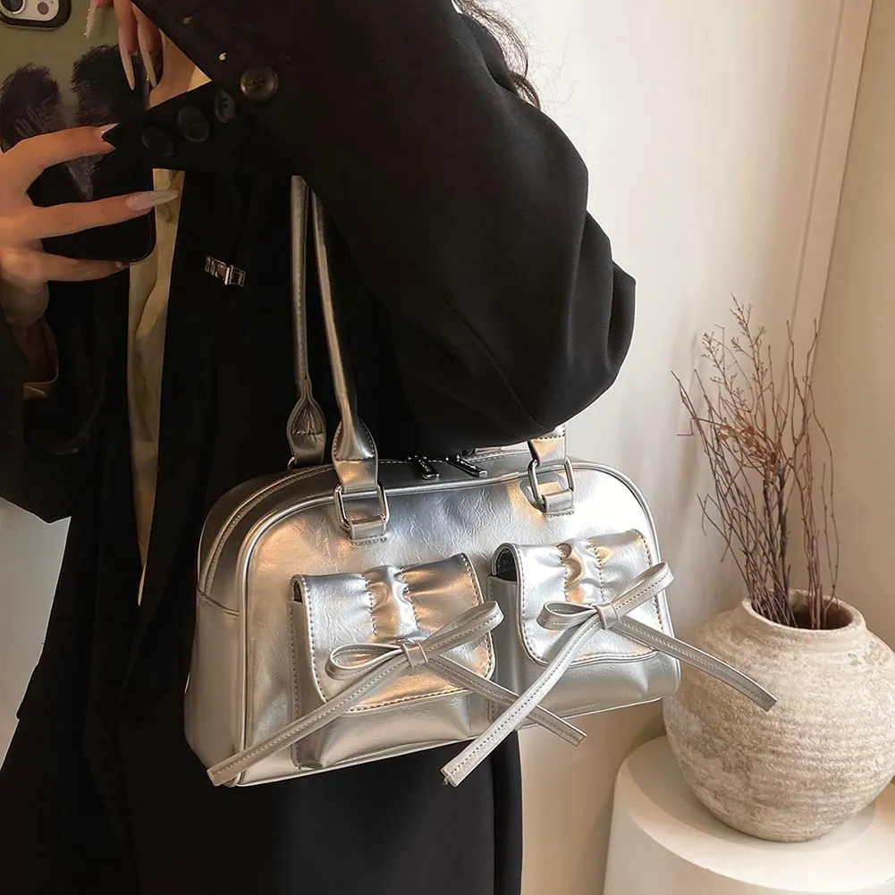 Women Fashion Shoulder Bag Double Pockets PU Leather Casual Armpit Bag with Bow Simple Shopping Bag Solid Color fo